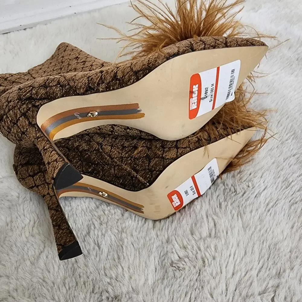 Sam Edelman Ency Feathered Ankle Booties Rhinestone Pointed Toe Brown Heeled 6.5